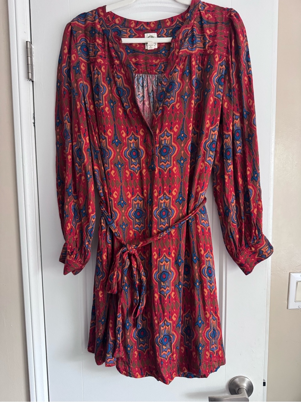 Anthropologie Tiny brand Red Patterned Long-Sleeve Dress with Tie Waist